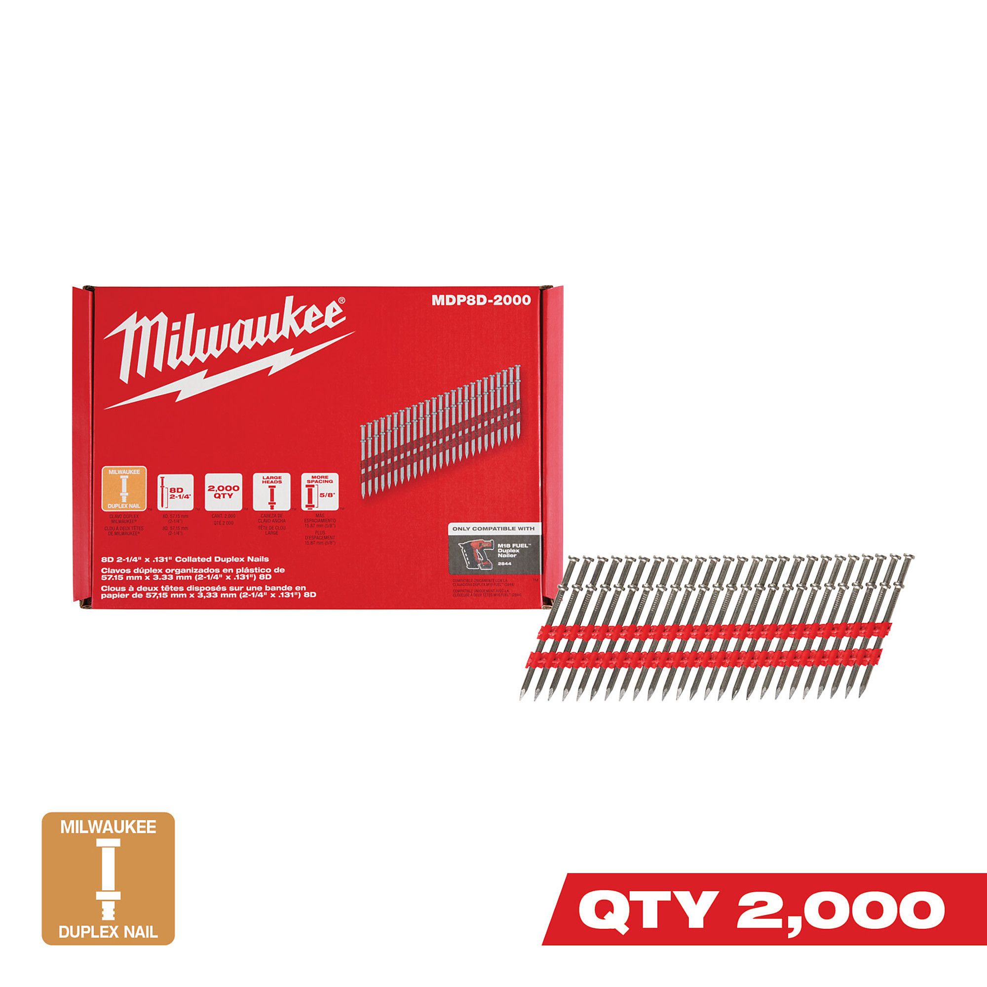 Milwaukee, Milwaukee 8D 2-1/4” x .131” Collated Duplex Nails, Pieces (qty.) 2000 Nail Size 2-1/4 in, Nail Angle 21 °, Model# MDP8D-2000